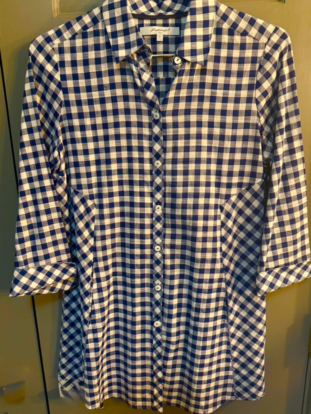 Foxcroft Navy and White Gingham Button-Down Tunic  Size 4 Generous Fit
